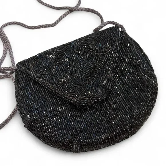 Vintage Beaded Evening Bag Grey/Black | Satin Silk Interior | Excellent Vintage - Picture 3 of 8